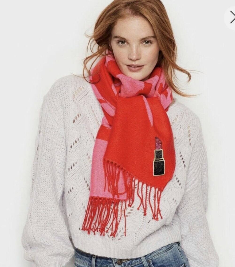 Victoria's Secret Fashion Winter Scarf Love Red/ Pink Lipstick Fringe 84"x 12"